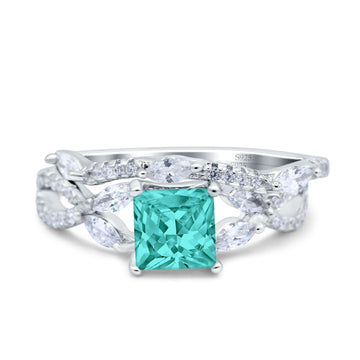 Two Piece Bridal Ring Art Deco Princess Cut Engagement Simulated Paraiba Tourmaline CZ 925 Sterling Silver